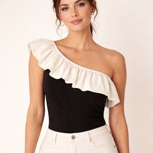 H&M Flounced One-Shoulder Ruffle Top Black & Ivory Medium Fitted Stretch